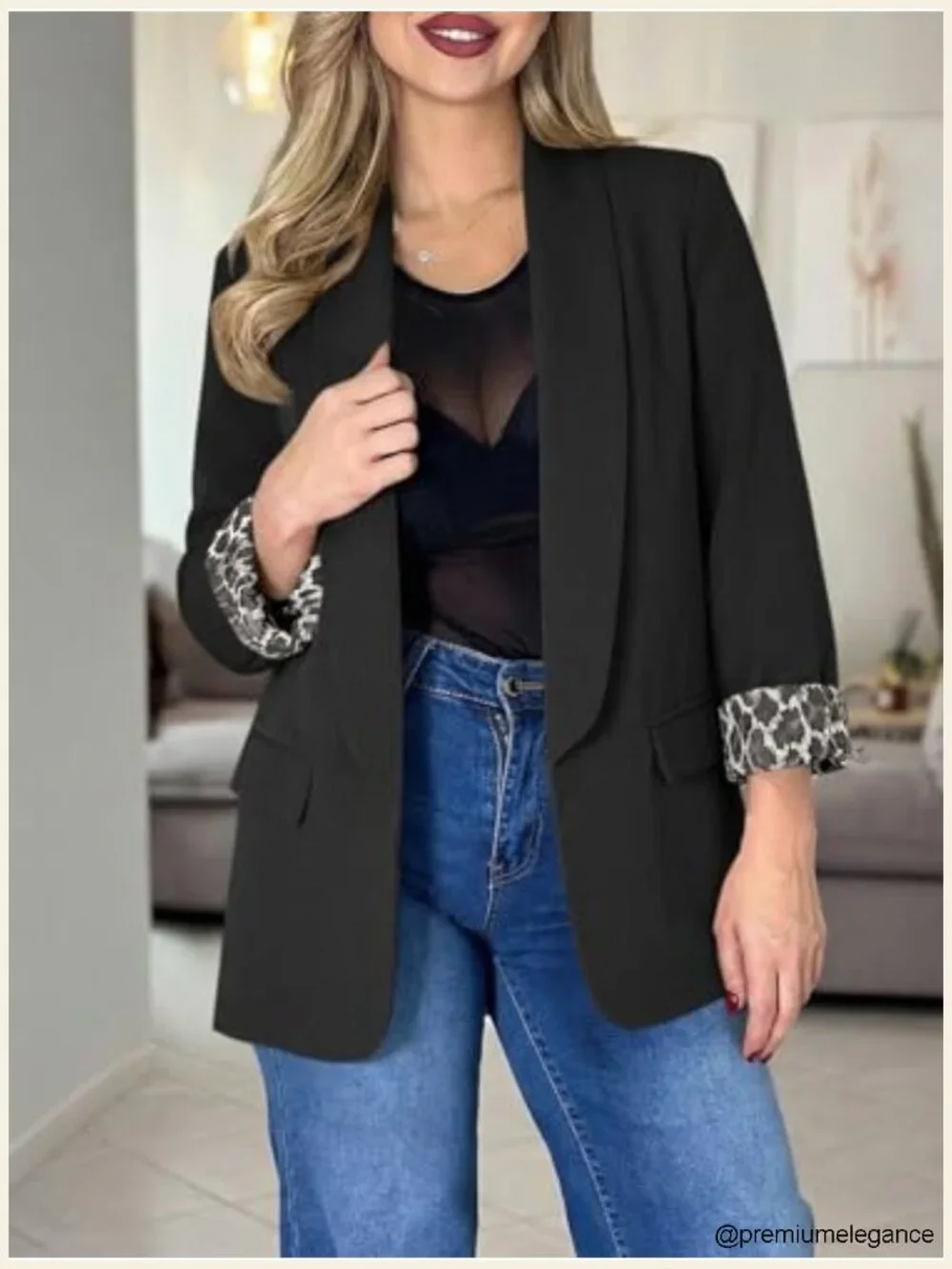 Shawl Collar Leopard Lined Open Blazer Lightweight Office Suit Jacket